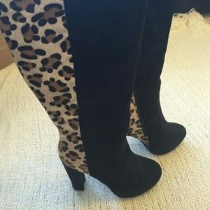 WW Black & Leopard Heeled Long Boots
